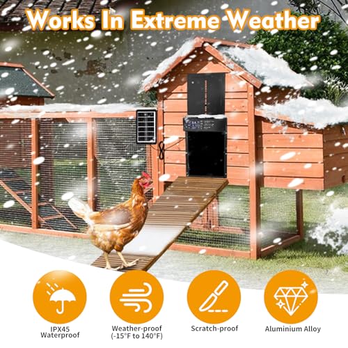 Automatic Chicken Coop Door Solar Powered, LCD Screen Auto Chicken Coop Door with Timer & Light Sensor, Anti-Pinch, Remote Control, Aluminum Waterproof, 4 Modes Solar Chicken House Door