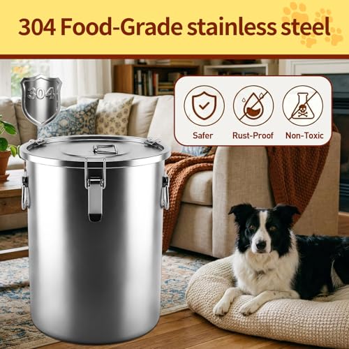 304 Stainless Steel Dog Food Storage Container, 35LB/40LB Airtight Pet Food Container with Locking Lid & Silicone Seal, Large Metal Food Storage Bin for Dry Dog/Cat Food, Rice, Flour (35 LBS) - size: 35 LBS