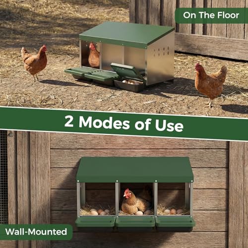 Metal Chicken Nesting Box – 3 Holes, Roll Away Egg Laying, Heavy Duty Galvanized Steel, Protective Lid, Wall Mounted or Freestanding, Easy Clean, Vented Pegboard Design, Green (Pegboard - color: Green, size: 3 Room&Mat Board
