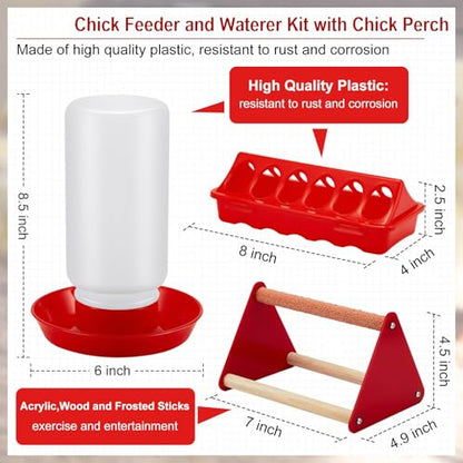 Patelai 12 Pcs Chick Feeder and Waterer Kit Feeding Supplies with Mini Perch Chicken Starter Kit for Coop and Brooder for Small Poultry Ducks Quail