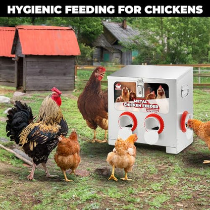 Sidasu 25 lbs 4-Port Galvanized Chicken Feeder No Waste with Locking Lid&Riveted Handles,Adjustable Height,Large Capacity Rainproof Automatic Chicken Feeders for Chickens, Poultry Coop,Silver - size: 25lbs