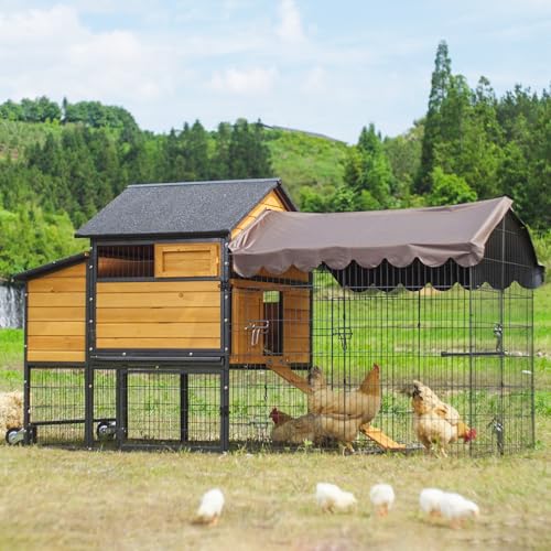 GUTINNEEN Chicken Coop Mobile Upgraded with Metal Frame and Metal Chicken Run 85" Outdoor Hen House Chicken Tractor with Wheels,Tarp Roof Cover