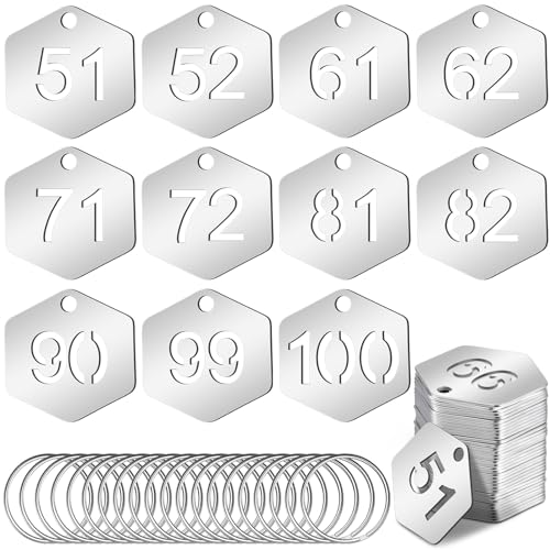 Yaocom 50 Pcs Hollowed Stainless Steel Number Tags Metal Numbered Key Number Labels Coat Check ID Tags with Key Rings Chain for Backpack Hooks Dormitory Keys House Lockers - style: Hexagon, 51-100