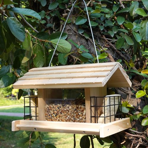 Wooden Bird Feeder for Outdoors Hanging Mount Large Capacity, Pine Garden Roof Feeder with 2 Suet Cages, Cardinal Bluebird Birdfeeder for Garden Decoration Yard, Weatherproof Durable - color: Pine