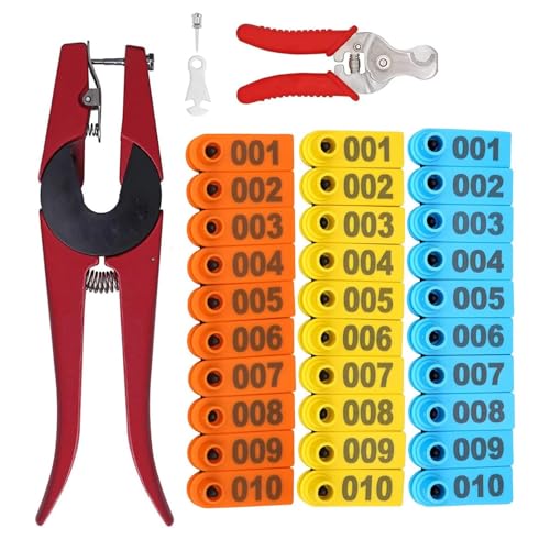 MINYULUA 300PCS 1-100 Number Plastic Livestock Ear Tag Farm Animal Tags with Ear Tags Applicator Plier and Ear Tag Tool for Sheep Goat Dog Cattle Pig - color: Yellow+blue+orange Set