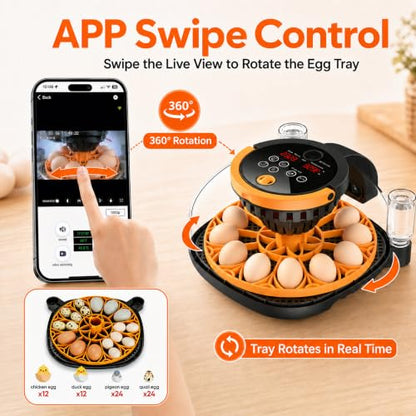 12-Egg Smart WiFi Egg Incubator with 1080p HD Camera, App Control, Auto Turner, Built-in Candler, Temp & Humidity Control, 360° View for Chicken Duck Quail, STEM Toy, 8GB SD Card Included