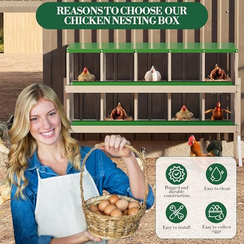 Chicken Nesting Boxes with Roll Away Egg Tray,6/8/10 Compartments, Steel Rustproof & Ventilated Laying Boxes for Hens, Chickens, Ducks, Easy-Clean Poultry Coop Accessories Stand/NO Stand