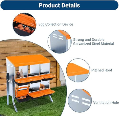 Chicken Nesting Box, 6 Hole 2 Layer Hen Nest Boxes, Roll-Away Egg Collection System with Ventilation Holes，Rustproof Plastic Tray & Keyhole Mounting, Chicken Laying Box - color: Orange, size: 6 holes with legs