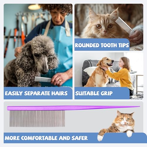 Grooming Pet Comb Rat Tail Dematting Cat and Dog Comb，Rounded Ends Design for Safe Tangle Removal, Hairstyling, Massage，Loose Hair Removal，Prevent Irritation，Fluffing Paws,Face,Tail,Remove Tear Stain - color: Purple