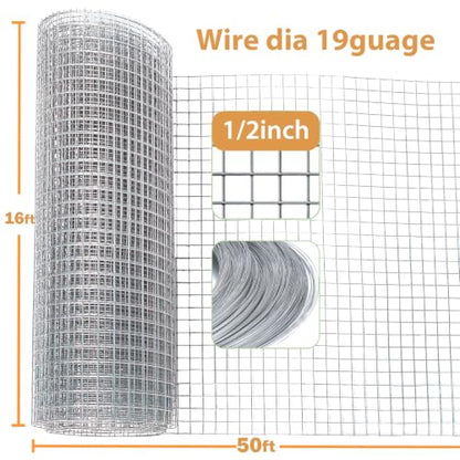 Hardware Cloth 16" x 50ft 19 Gauge, 1/2" Chicken Wire Fencing Galvanized Rust-Resistant, Wire Mesh, Poultry Animal Netting for Chicken Coops, Protective Barriers, Garden Fencing (Gloves Included) - size: 1/2" 16" x 50ft 19Ga