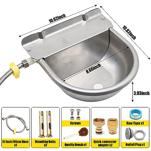 Automatic Animal Drinking Water Bowl with Drain Hole, Float Valve, 304 Stainless Steel Water Bowl for Dog Goat Cowl Chicken Animals, with Hose, Brush, Quick Connector Adapter, Countersunk Bolts