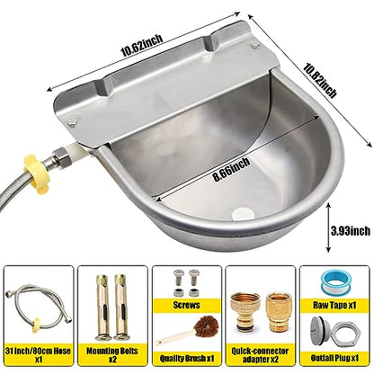 Automatic Animal Drinking Water Bowl with Drain Hole, Float Valve, 304 Stainless Steel Water Bowl for Dog Goat Cowl Chicken Animals, with Hose, Brush, Quick Connector Adapter, Countersunk Bolts
