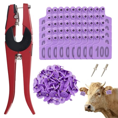 Cattle Ear Tags Numbered 001-100 with Pliers, Plastic Livestock Animal Ear Tag for Cows Goats Sheep Pigs (Purple) - color: Purple