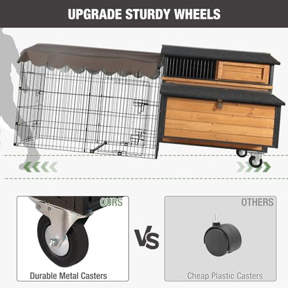 Large Chicken Coop with Run, Mobile Chicken House with Wheels and All-Around Iron Frame, Chicken Tractor Poultry Cage for 6-8 Chickens, Nesting Box, Metal Pull-Out Tray - size: 76.7"L x 53.8"W x 36.8"H