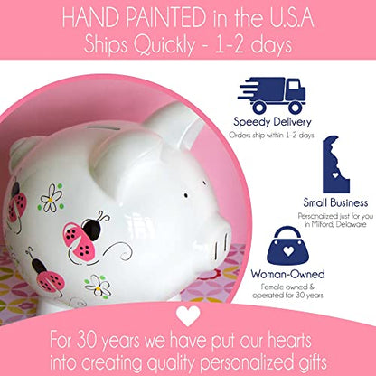 My Bambino Girl's Hand Painted Personalized Pink Ladybug Piggy Bank Large White Ceramic piggybank Baby Gift (Heart Balloons) - color: Heart Balloons