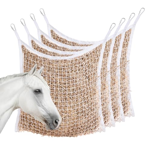 4 PCS Slow Feed Hay Net for Horses, Large Capacity Hay Bags for Horses Goats Sheep Donkey Trailer Full Day Feeding, Easy to Fill and Hang, White, 35 x 31 Inch - size: 4PCS-White