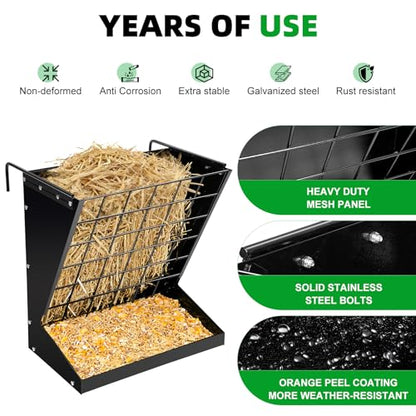 RYFT Wall Mount Hay Feeder, 2 in 1 Heavy-Duty Galvanized Hay & Grain Livestock Feeder, Hay Rack for Goats, Sheep, Horse, Cattle