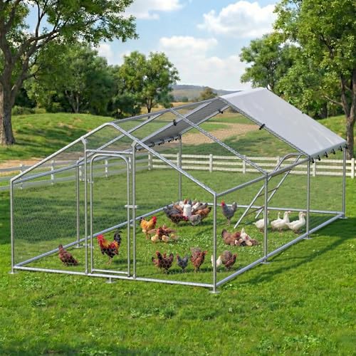 Large Metal Chicken Coop with Roosting Perch, Waterproof and UV-Resistant Cover,Outdoor Walk-in Cage Hen House for Yard Farm Rabbit Duck Chicken Run with Spire Roof (10'W x 19.7'L x 6.4'H) - size: 236.2"L x 118.0"W x 78.0"H