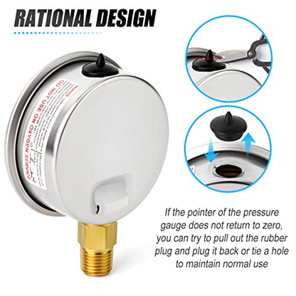 MEANLIN MEASURE 0~10Psi Stainless Steel 1/4" NPT 2.5" FACE DIAL Liquid Filled Pressure Gauge WOG Water Oil Air Lower Mount, with 1/2" NPT and 3/8" NPT Hex Bushing - size: 0-10Psi