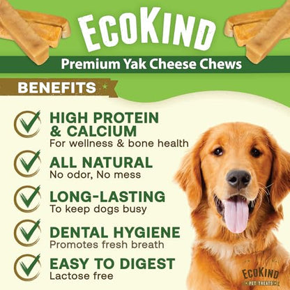 EcoKind Yak Cheese Himalayan Dog Chews, Yak Chews for Large Dogs, Long Lasting Bone for Aggressive Chewers, 3 Ingredients, Natural High Protein Treats, No Additives, Lactose Free, Large 1lb, 4-5 Chews
