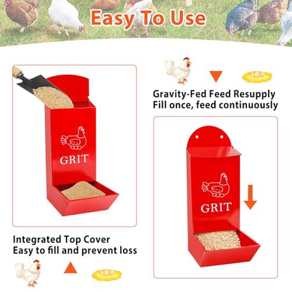 2Pack Chicken Grit Feeder, Metal Oyster Shell Feeder with Lid, Hanging Gravity Chicken Poultry Feeders Trough, Coop Accessories Supplies