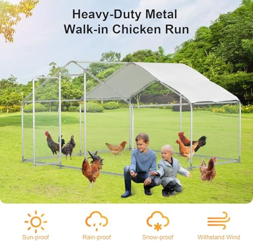 Morngardo Large Chicken Coop, 10×13 FT Metal Run for 20 Chickens, Walk in Yard Poultry Cage Hen House with Waterproof Cover - size: 118.1"L x 177.2"W x 77.6"H