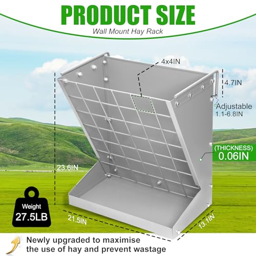 Wall Mount Hay Rack, Goat and Sheep Feeder, Hanging Feeder, Heavy Duty Galvanized Metal 2-in-1 Hay and Grain Feeders, Distance Adjustable Livestock Feeders, Hay Feeders for Goats, Sheep, Horses