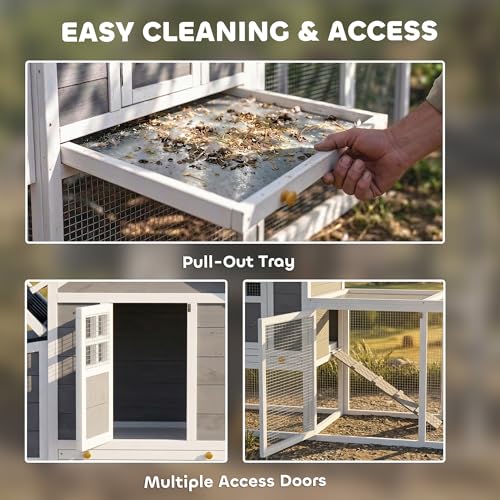 PawHut 82" Wooden Chicken Coop, Large Outdoor Hen House Poultry Hutch for 2-3 Hens, Chicken House with Nesting Box, Pull-on Tray, Waterproof Roof, Ramp and Roosting Bars for Backyard, Gray