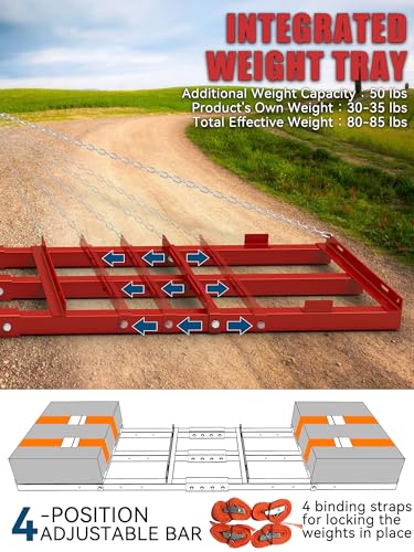 6ft Heavy Duty Drag Harrow for ATV, UTV, Tractor - Adjustable Tow Behind Leveling Rake with Weight Tray for Driveway Grader, Lawn, Field, Pasture, Food Plot Maintenance, Red(72 inch) - size: 6 ft