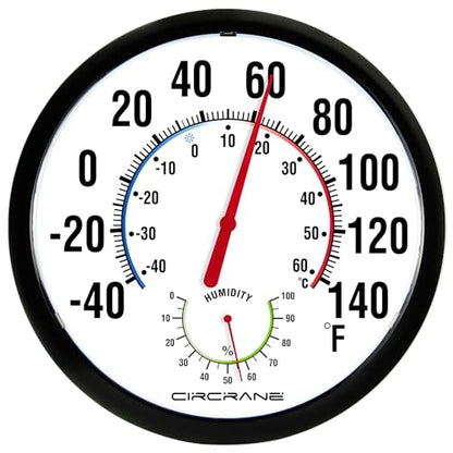 Circrane 13.25 Inch Round Thermometer with Hygrometer, Large Indoor Wall Patio Bimetal Weather Thermometer, No Battery Required, Black - color: Black
