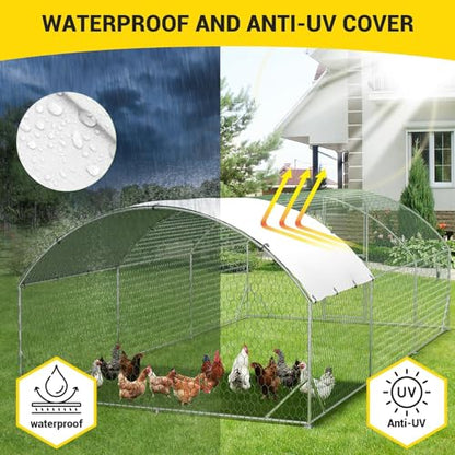 Large Metal Chicken Coop, Walk-In Poultry Cage, Chicken Run Pen House With Reinforcement & Waterproof & Anti-Ultraviolet Cover Chicken Coop Run With Double Lockable Doors for Outdoor 9.8 x 19.7X 6.6ft