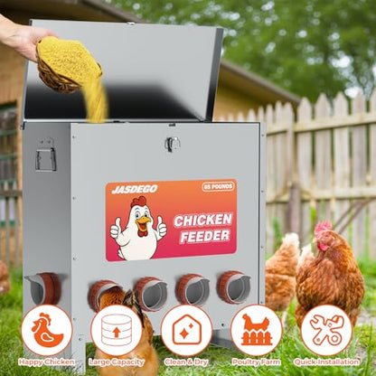 Metal Chicken Feeder No Waste 10 Ports Automatic Poultry Feeder Large Capacity 85 Pounds with Latch & Handle for Chickens Bantams Pheasants Poultry Coop Weatherproof - size: 10 Ports (85-120 LBS)