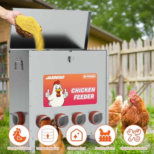 Metal Chicken Feeder No Waste 10 Ports Automatic Poultry Feeder Large Capacity 85 Pounds with Latch & Handle for Chickens Bantams Pheasants Poultry Coop Weatherproof - size: 10 Ports (85-120 LBS)