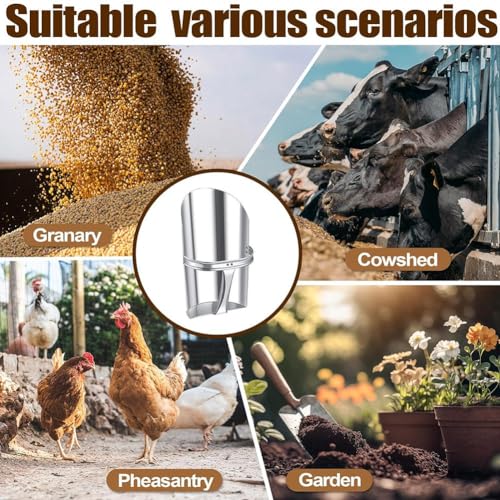 2Pcs Metal Feed Grain Scoop for Livestock 2 Sizes Heavy Duty Stackable Horse Feed Scoop with Handle for Gardening Farms Silver
