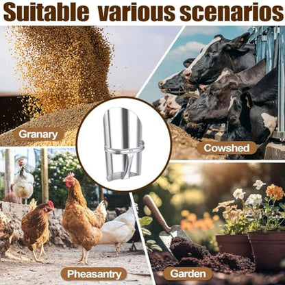 2Pcs Metal Feed Grain Scoop for Livestock 2 Sizes Heavy Duty Stackable Horse Feed Scoop with Handle for Gardening Farms Silver