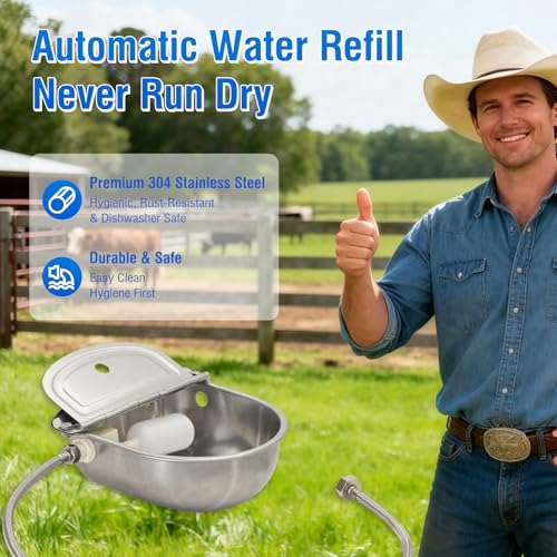 2-Pack Automatic Livestock Waterer, 304 Stainless Steel Auto Fill with Float Valve, Drainage Hole & Baffle, with 39" Hose (3/4"), Wall/Floor Mount, for Dogs, Chickens, Horses, Goats, Pigs