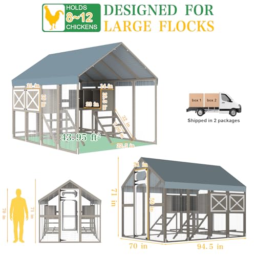 Large Wooden Chicken Coop, Walk-in Chicken Run with Waterproof Cover, Large Poultry Cage for Yard Farm Backyard Hen House, Duck Coop and Rabbit Run with Nesting Boxes, for 8–12 Chickens - size: 94.5"L x 70.0"W x 71.0"H