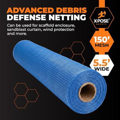 Xpose Safety Construction Safety Netting – 5.5' x 150', 1/4" Mesh Scaffold Safety Net, Temporary Material Roll, Visibility Fence, Heavy-Duty Fire Retardant, Blue - color: 4) Blue, size: 5.5' X 150' – 1/4" Mesh