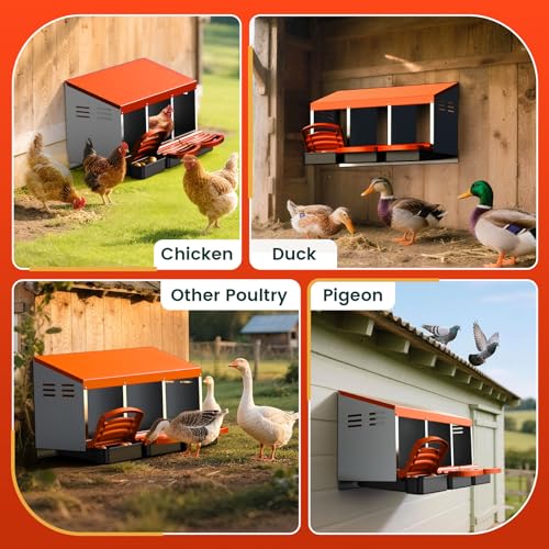 Chicken Nesting Boxes, Roll Away Laying Nest Box for Hens, Galvanized Steel with Removable Egg Drawer, Protects Eggs, Easy Egg Collection, for Chicken Coop, 3 Compartments - color: Orange-Red