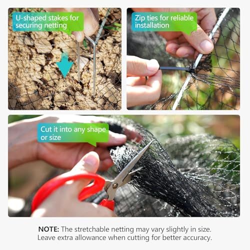 Netting for Chicken Coop, Chicken Netting for Hawks (Overhead), 7.5 x 100 ft HDPE Bird Netting, with Zip Ties & U-Stakes, Also for Berries & Fruit Trees