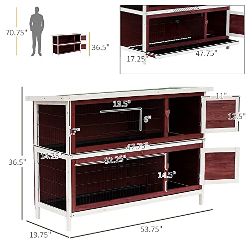 PawHut 54" 2-Story Rabbit Hutch Bunny Cage with Openable Roof, No Leak Tray and Fun Enclosed Run, for Rabbits, Chickens, Ducks, Indoor/Outdoor