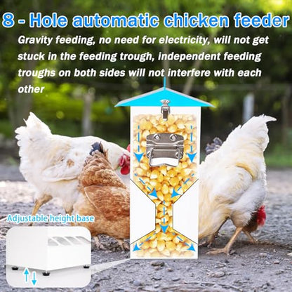 20LB Automatic Chicken Feeder with 8 Feeding Ports, No Waste Design, Height-Adjustable Legs & Secure Locking Lid for Chickens, Ducks & Poultry