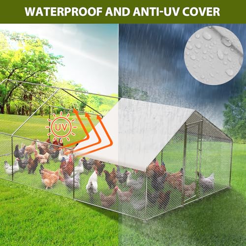 GarveeTech Large Walk-in Chicken Coop with Run, 9.8' x 19.7' Outdoor Chicken Runs for Yard with Cover, Metal Poultry Cage for Chickens, Ducks, Birds - size: 19.7FT
