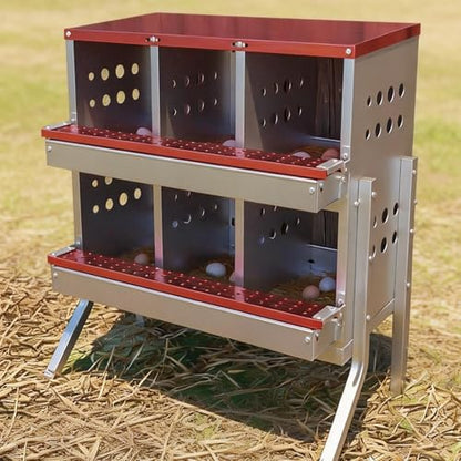 Chicken Nesting Box, 6 Compartment Roll Away Laying Box for Hens, Heavy-Duty Galvanized Steel, Front Egg Collection Tray, 6 Training Eggs Included - color: Red, size: 6 Compartments & 6 Eggs