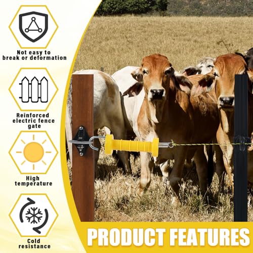 Tondiamo 4 Sets Electric Fence Gate Handle Set with Anchors and Insulators Including 4 Pcs Plastic Electric Fence Gate Handle with Spring, 8 Pieces Anchor Set, 8 Pieces Black Insulators