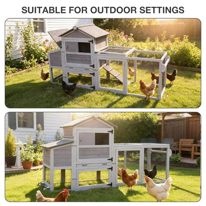 Large Chicken Coop with Wheels, Wooden Hen House with Run & Nesting Box, for 3-5 Chickens, Waterproof Asphalt Roof, Ramp & Leakproof Tray, Expandable - Grey - color: Grey (AIR72)