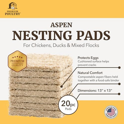 Chicken Nesting Pads 20 Pack Made in USA for Laying Hens, Aspen Excelsior Nest Box Liners for Chicken Coop Nesting Boxes, 13 x 13 in Trim-to-Fit Bedding Pads for Cleaner Eggs and Easy Coop Cleanup