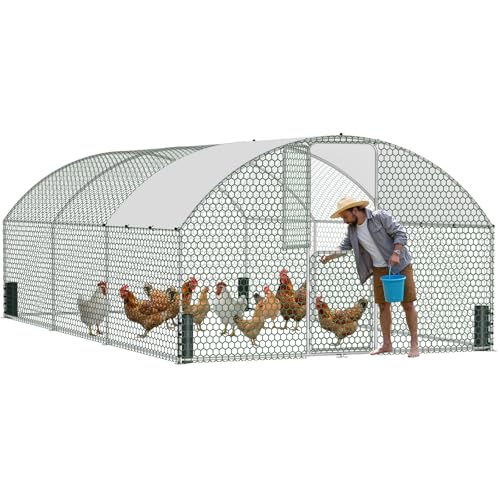 Large Metal Chicken Coop, Walk-in Chicken Run with Feeding Door, Security Lock and Cover, Outdoor Duck/Rabbit Cage Poultry Pen for Backyard, Farm, Yard (Silver - Dome Roof, 19.7 x 9.8 x 6.6 FT) - size: 236.0"L x 118.1"W x 78.7"H