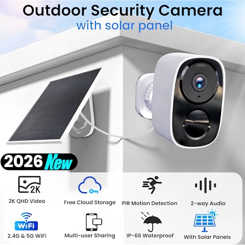 HITELLARCAM 2026 Upgraded 2K Security Cameras Wireless Outdoor with Solar Panels, Free Cloud Storage, AI Motion Detection Spotlight Siren Alarm Outdoor Camera Wireless, 2-Way Talk, IP66 Waterproof - color: White - Camera with Solar Panel