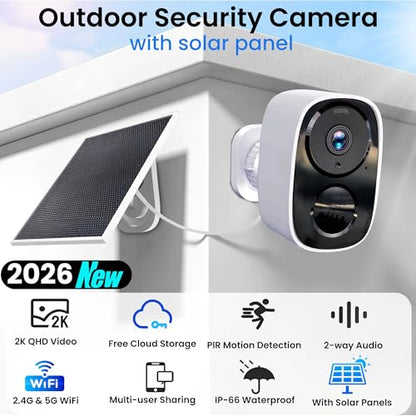 HITELLARCAM 2026 Upgraded 2K Security Cameras Wireless Outdoor with Solar Panels, Free Cloud Storage, AI Motion Detection Spotlight Siren Alarm Outdoor Camera Wireless, 2-Way Talk, IP66 Waterproof - color: White - Camera with Solar Panel